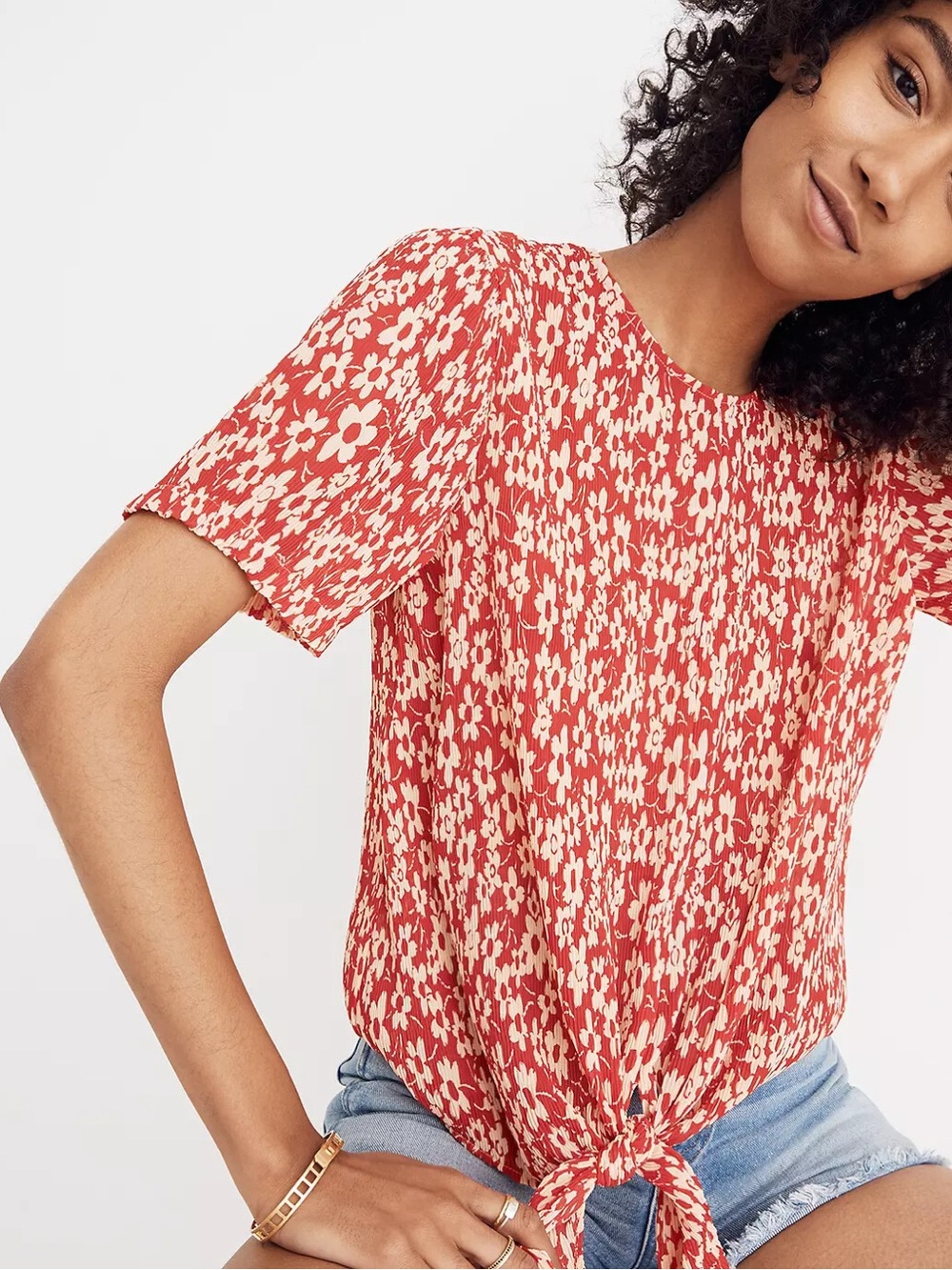 Madewell Crinkle Floral Tie-Front Short Sleeve Top
